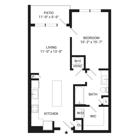 Floor plan for 1 bed, 1 bath, 697 sqft